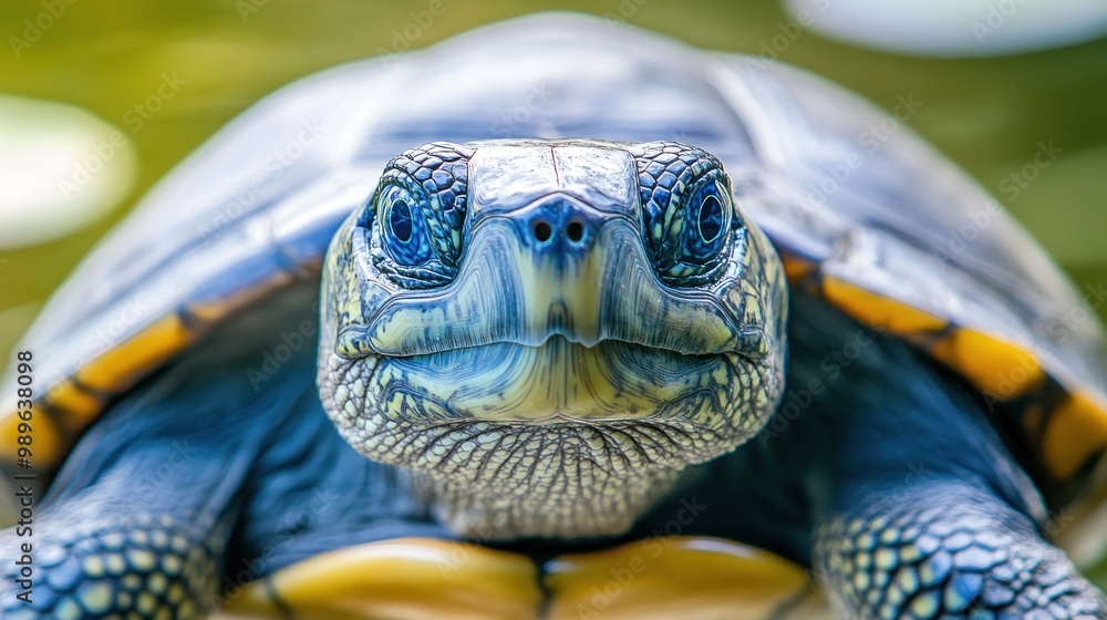 Poster a close-up of a turtle showcasing its intricate shell and facial features.