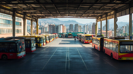 A South American bus terminal with idling buses and few passengers reflecting a decline in public transport usage.