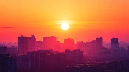Obraz premium A vibrant sunset over a city skyline, casting colorful hues across the buildings.