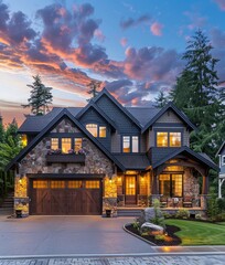 Beautiful luxury home exterior with stone and shingle accents, garage door, driveway, front yard, trees, blue sky, pink clouds, sunset, Pacific Northwest setting
