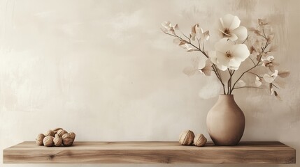 Elegant arrangement of white flowers in a minimalist vase on a wooden shelf with decorative nuts against a soft background © fotofabrika