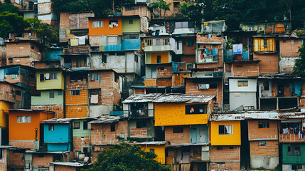 A South American hillside neighborhood with dilapidated houses and residents improvising with makeshift repairs.