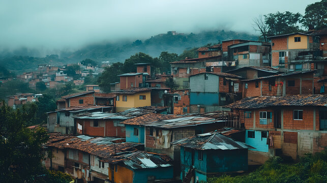 A South American hillside neighborhood with dilapidated houses and residents improvising with makeshift repairs.