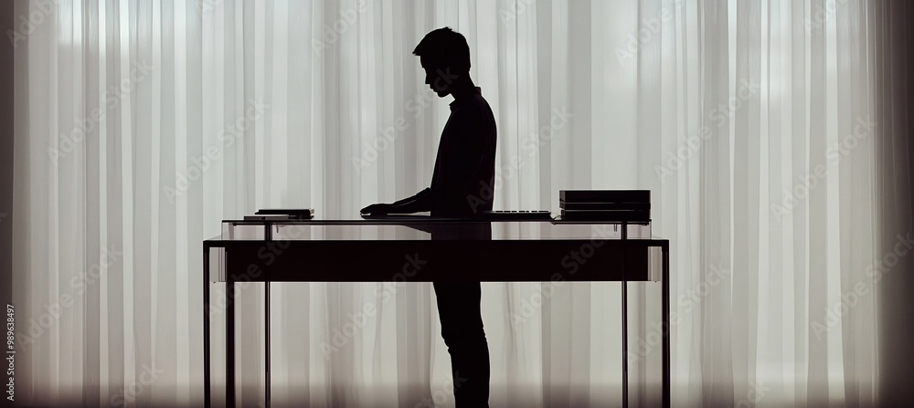 Poster wideangle blurry shot of transparent futuristic desk with a touchscreen interface where a faint silh