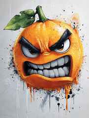 Angry Orange Fruit Character Digital Art Illustration with Quirky Playful Design