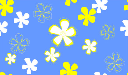 Obraz premium Hand drawn vector seamless bright summer pattern with white flowers of chamomile on blue background. Floral fashion ornament for women clothing, fabric, textile, paper, notepad, card, packaging.