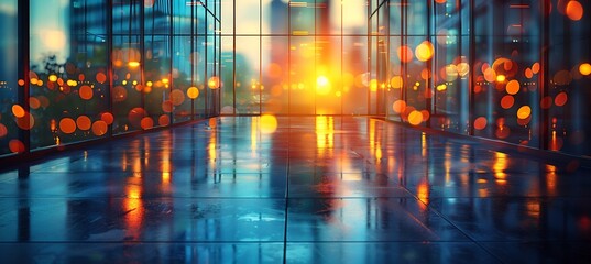 Wideangle blurry view of modern office space with minimalist decor captured through a prism lens for a kaleidoscopic effect