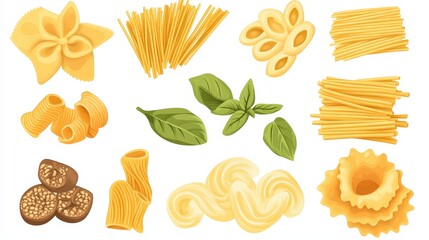 Italian Pasta Collection - Top View Flat Vector Illustration on Transparent Background for Design Mockup