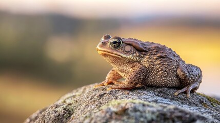 Obraz premium A close-up of a textured frog perched on a rock against a blurred natural background.