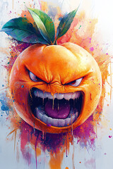 Angry Orange Monster Cartoon Character Illustration in Vibrant Watercolor Art Style