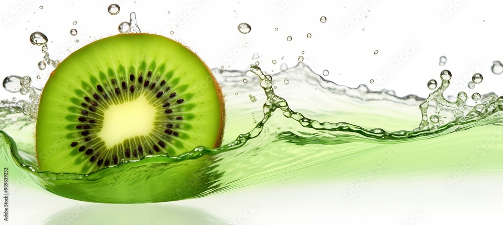 Aufkleber fresh kiwi slice splashes into clear water, creating ripples and droplets in a vibrant display