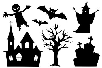 Collection of Halloween silhouettes. Haunted house, creepy tree, flying witch, pumpkins, halloween ghost, owl, coffin lid etc