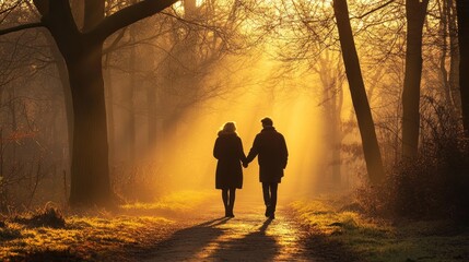 Fototapeta premium A couple walks hand-in-hand through a sunlit forest, creating a romantic atmosphere.
