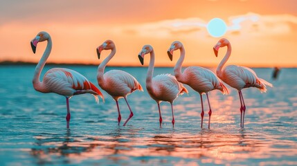 Obraz premium Five flamingos standing in water during a colorful sunset.
