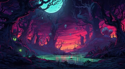 Obraz premium Eerie Nighttime Landscape with Twisted Trees, Glowing Eyes, and a Tranquil Lake