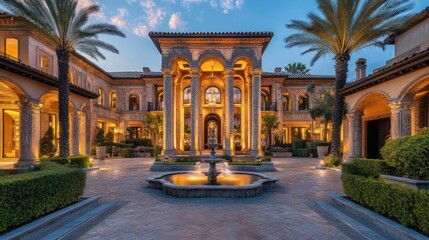 Obraz premium A luxurious mansion with grand architecture and a serene courtyard at dusk.