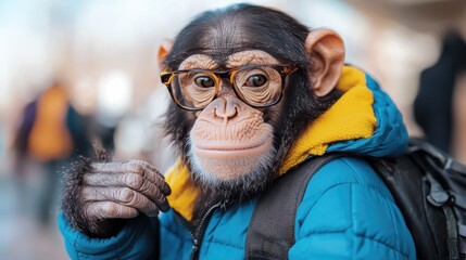 A person holding a small snack, dressed in blue and yellow clothing standing outside, with a busy urban background filled with blurred people.