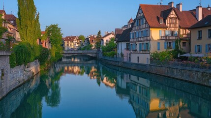 Obraz premium Scenic view of a tranquil river lined with charming houses and greenery at dawn.