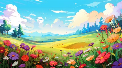 Fototapeta premium A Vibrant Meadow Landscape with Colorful Flowers and a Blue Sky