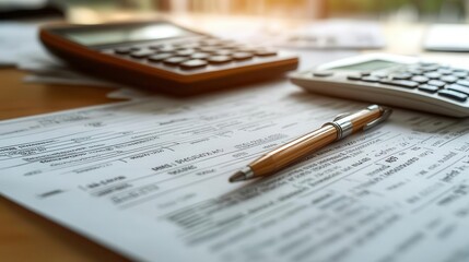 Tax return preparation with documents and a calculator on a desk, organized style, close-up, sharp focus, bright lighting