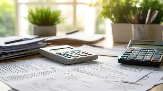 Tax return preparation with documents and a calculator on a desk, organized style, close-up, sharp focus, bright lighting