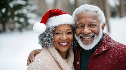 In a snowy outdoor setting, an elderly couple, with the woman wearing a Santa hat, smiles as they embrace the joy and togetherness of the holiday season.