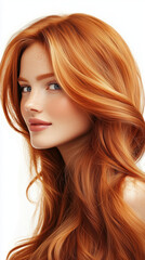 Fototapeta premium Red hair girl with long shiny hair on a white background, shampoo advertising 
