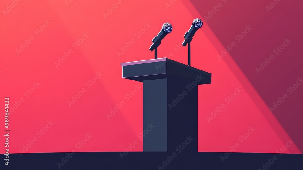 Poster dynamic presentation setup on modern stage - flat vector art of lectern with microphones for speaker