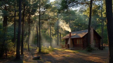 A cozy log cabin nestled in a forest, with smoke rising from the chimney in sunlight.