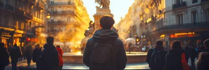 Tourist in Awe of Iconic Statue, Vibrant City Square, Softly Blurred Urban Landscape, Capturing the...