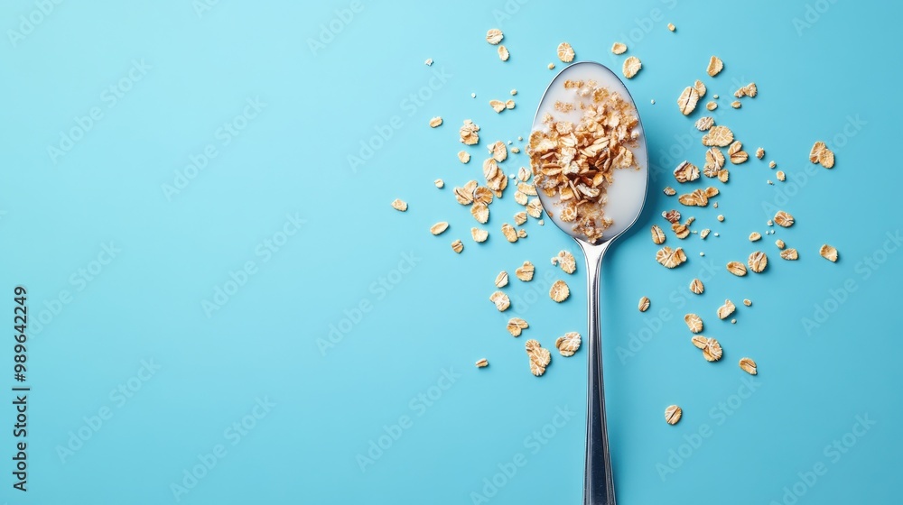 Poster modern minimalistic milk and cereal concept on spoon with gradient background for copy space