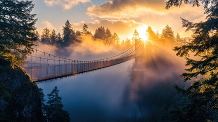 Obraz premium A stunning sunrise over a suspension bridge surrounded by misty forest and mountains.