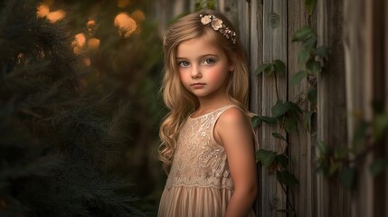 A young girl in a delicate dress stands by a wooden fence, surrounded by greenery.