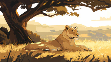 Magnificent lioness resting in sun-kissed savannah grasslands surrounded by acacia tree branches lioness sitting calmly in the shade of an acacia tree. Savannah Grasslands. Illustration