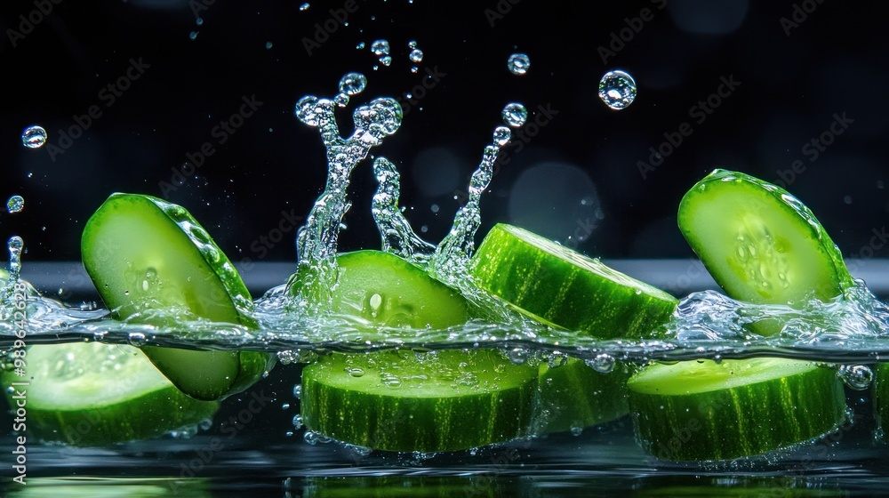 Poster slices of cucumber splashing in water, showcasing freshness and vitality.