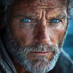 Obraz premium Close-up portrait of an old man with wrinkled face and piercing blue eyes