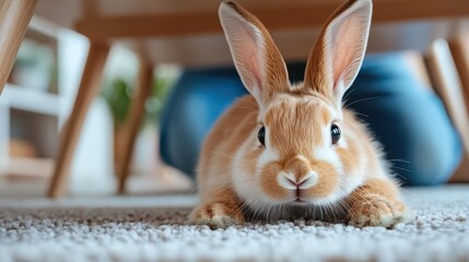 Obraz premium A delightful brown rabbit with big ears lies under a blue piece of furniture on a soft carpet, highlighting the comfortable and playful nature of indoor pets.