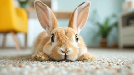 This image displays a sweet bunny resting on a carpet beneath a piece of furniture indoors, showcasing the animal's fluffy fur and endearing expression.