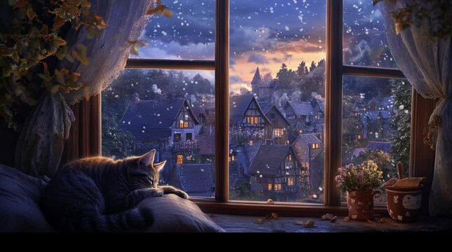  Peaceful cat sleeping by the window with a view of medieval houses in an enchanting evening landscape, creating a cozy atmosphere
 Seamless looping 4k time-lapse virtual video animation Generated AI
