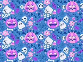 Naklejka premium Halloween cute pumpkins seamless monsters pattern for wrapping paper and fabric