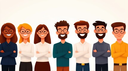 Naklejka premium A colorful cartoon illustration of a diverse team of professionals, all smiling confidently with crossed arms, symbolizing unity, diversity, and professionalism.
