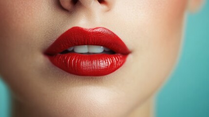 Obraz premium An enchanting close-up image exhibiting perfectly applied red lipstick on alluring lips, capturing the essence of beauty and the allure of cosmetically enhanced femininity.
