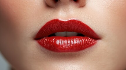 Obraz premium A striking photograph featuring glossy red lips parted slightly to reveal white teeth, conveying themes of sensuality, allure, and the striking beauty of vibrant cosmetics.