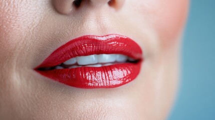 Fototapeta premium A captivating close-up photograph showcasing glossy red lips in soft lighting, emphasizing the timeless allure and beauty of vibrant, well-applied red lipstick in a modern style.