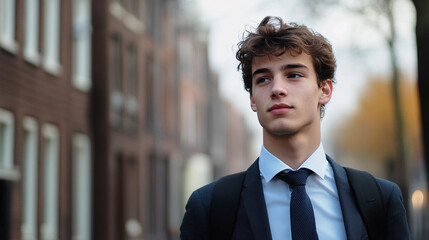 A candid photograph of a young college aged man in a suit and tie looking off camera in front of a school building