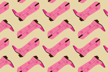 Seamless pattern with pink women's cowboy boots on a beige background. Vector illustration.