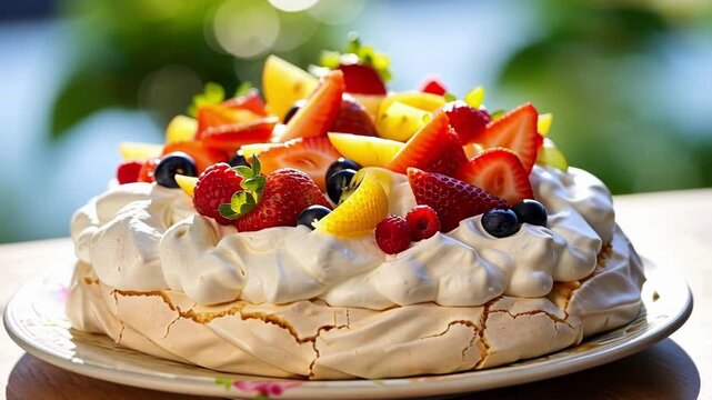 Delicious pavlova cake is sitting on a table outside, topped with whipped cream and fresh fruits, ready to be enjoyed on a sunny day