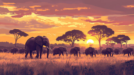 Fototapeta premium Migration of elephants. herd of elephants. evening in the african savannah. Savannah Grasslands. Illustration