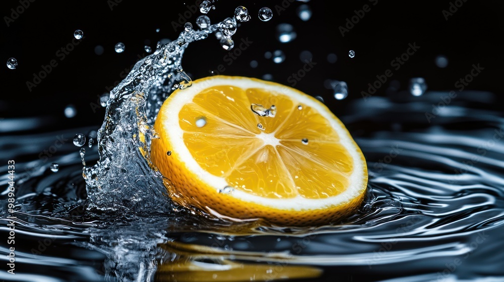 Poster a fresh lemon slice splashes into water, creating dynamic ripples and droplets.