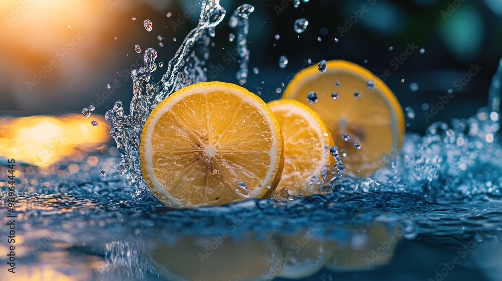 Poster slices of lemon splash into water, creating dynamic droplets and a refreshing scene.